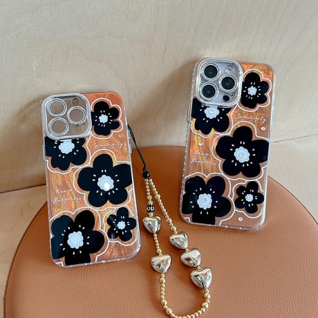 CUTECASEキラキラ花柄 iPhone15pro/15promaxケース ハートストラップ付 アイフォン14/13pro/12ケース ジュエリーデコ 高級感CM4067