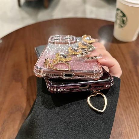 CUTECASEビジュー iPhone16/16proケース ハートダイヤチェーン iPhone14Pro/13/12proカバー キラキラ 女子力高い CM4634