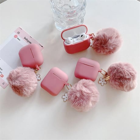 CUTECASE毛玉付 Airpods 4ケース ピンク 高品質シリコン Airpodspro2/proカバー Airpods3/2 充電口カバー付 可愛いCM4958