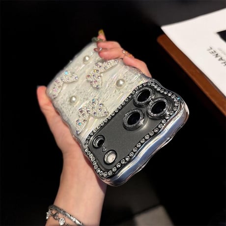 CUTECASEジュエリーカメラカバー iPhone17Pro/17ProMaxケース 蝶々デコ iPhone17/Airカバー シェル風 キラキラ うねうね CM5735
