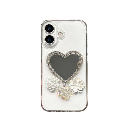 CUTECASE ハート型ミラー iPhone16/16proケース 花デコ iPhone15promax/14/13カバー パールストラップ 人気 CM5350