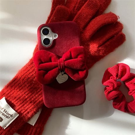 CUTECASEリボン iphone16Pro/15ケース ワインレッド パイル織物 iPhone14pro/13/12/11カバー 秋冬アイテム 女子力UP 頑丈CM4890