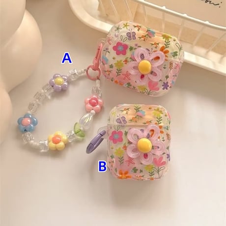 CUTECASE 花柄 Airpods Pro3ケース Flowersストラップ Airpods4/3カバー pro2/pro1 リング うねうね 大人可愛いCM6156