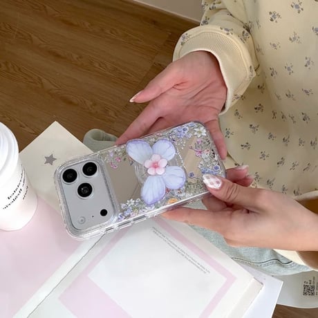 CUTECASE 草花柄ミラー iPhone17pro/17ケース 蝶グリップ iPhone16promax/15proケース かわいい 便利 女子力高いCM6164