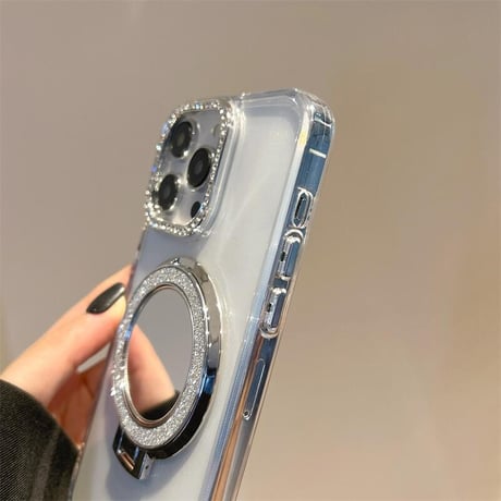 CUTECASEミラーリングスタンド アイフォン16/16proケース ジュエリー iPhone15pro/14/13proカバー オシャレストラップ 高透明 CM5506