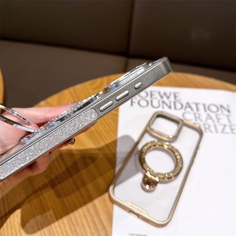 CUTECASEキラキラリングスタンド iPhone17Pro/16カバー ジュエリーデコ iPhone15promax/14proカバー メタルカラー 黄ばまないCM5571