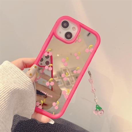 CUTECASE チェリーミラーiPhone15/15proケース ストラップ付 iPhone14/13pro/12ケース レンズフイルム付 丈夫C6024