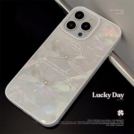 CUTECASE シェル風 iPhone15/15proケース リボン柄 立体パール iPhone14/13pro/12ケース かわいい きれい 女子力UP CM4003