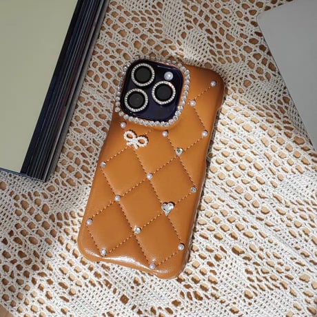 CUTECASEダイヤ/リボンデコ iPhone17ProMax/17Proケース キルティングレザー iPhone17/16Pro/15ケース セレブ愛用 高透明CM5737