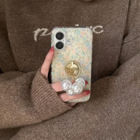 CUTECASEパールリング iphone16pro/16ケース 花柄 iphone15pro/14/13proケース シック 落下防止 オシャレCM5054