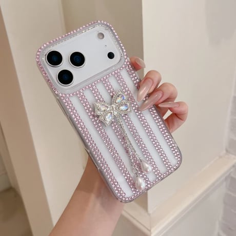 CUTECASE ジュエリー iPhone17Promaxケースフリンジダイヤリボン iPhone16Pro/15/14ース 豪華 リボンストラップ付CM6521