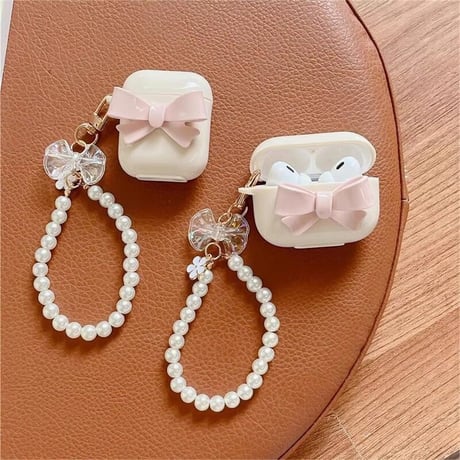 CUTECASE淡色系 Airpods 4ケース リボン ベージュ色 Airpods3/2カバー Airpodspro2/pro パールストラップ付 めっちゃ可愛いCM5033