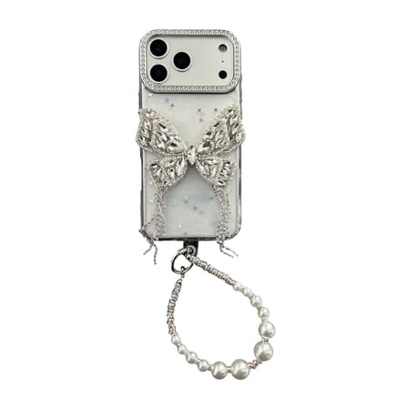 CUTECASE ジュエリー蝶デコ iPhone17Pro/17ケース キラキラ 綺麗 iPhone16Pro/15カバー パールストラップ 女子力高い CM5855