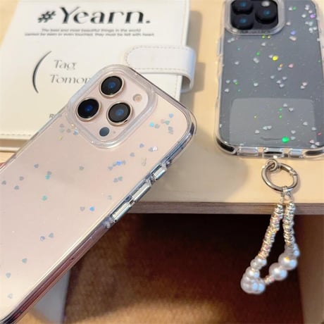 CUTECASEハートグリッター iPhone16pro/16ケース 高透明 パールストラップ iPhone15pro/14/13カバー 可愛い 高級感たっぷりCM5219