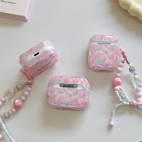CUTECASEピンク花柄 Airpods 4ケース リボンキーチェーン付 Airpods3/Pro2ケース airpodsproカバー 大人可愛い ガーリーファッション CM5258
