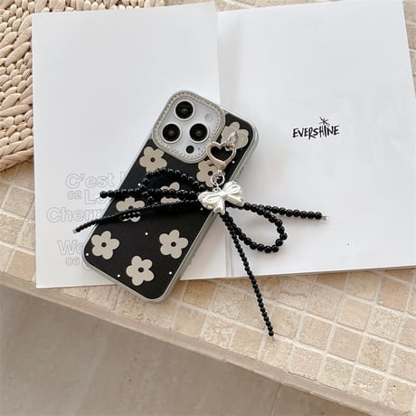 CUTECASE鏡付花 iPhone16pro/16ケース ジュエリー リボンチャーム iphone15pro/14/13proカバー 大人可愛い 女子力高いCM5188
