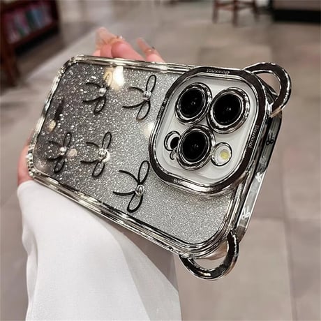 CUTECASE耳付 リボン柄 iPhone15Pro/15カバー キラキラインナーシート付 透明アイフォン14pro/13ケース チェーン付CM4422