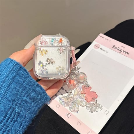 CUTECASEカゲロウ Airpods 4ケース 蝶キーチェーン付 かわいい Airpods3/Pro2ケース airpodsproカバー キラキララメ ギフトにおすすめCM5226