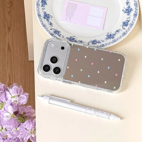 CUTECASE カラーハート柄 iPhone17pro/17カバー ミラー iPhone16/15pro/14ケース 可愛いストラップ 春夏向けCM6221