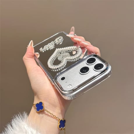 CUTECASE パールハート ミラー iPhone17Pro/17ケース ジュエリーデコ iPhone16Pro/15Pro/14カバー 綺麗 ストラップ オシャレ CM6027