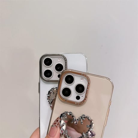 CUTECASEダイヤハート鏡付 iPhone16/16proケース高透明感クリア iPhone15Pro/14カバー 黄ばまない CM4783