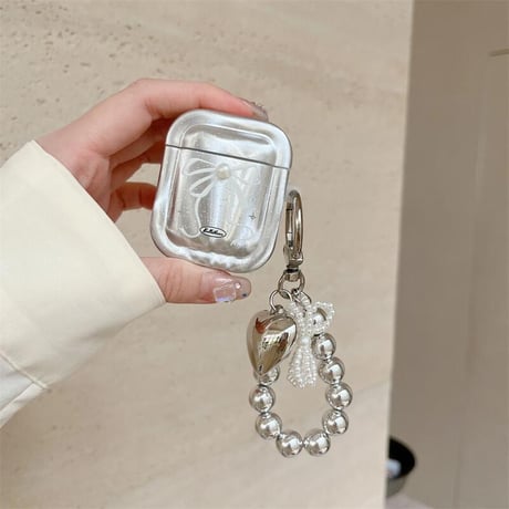 CUTECASE大人可愛い Airpods4ケース パールリボン ハートキーチェーン Airpods3/Pro2ケース airpodspro2カバー 女子力高い 華やか 上品CM5179