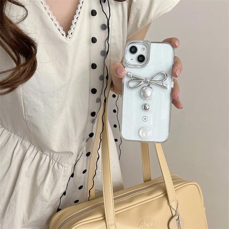 CUTECASEリボン/パール iPhone15/15proケース キラキラ クリア iPhone14/13pro/12proクリアケース かわいい 女子力高いCM4385