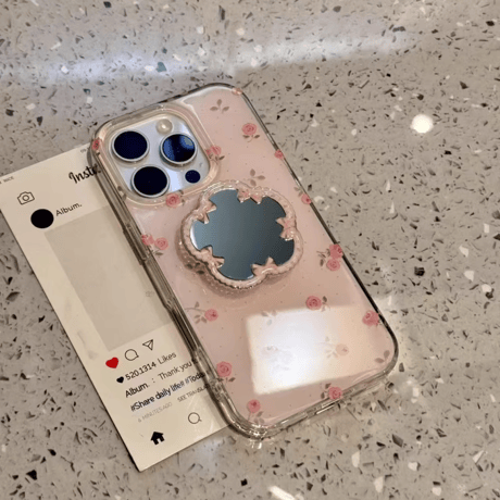 CUTECASE花鏡付 iPhone16/16proケース 薔薇柄 ストラップ付 アイフォン15pro/14/13proケース 大人可愛い 女子力UP 多機能CM5108