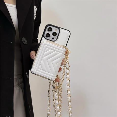 CUTECASEカード/小物入れ付 アイフォン15プロ/15ケース レザー ショルダーチェーン付 iPhone14pro/13/12promaxカバー 高級感 セレブ愛用CM4253