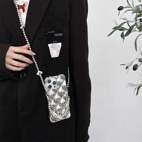 CUTECASEショルダー付 iPhone15pro/15plusケース 菱形 シルバー iPhone14promax/13mini/12proカバー 艶感 CM4489