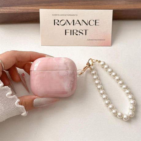 CUTECASEピンクシェル柄 Airpods4ケース パールストラップ AirpodsPro2ケース airpods3/2カバー 大人可愛い 艶感 CM5261