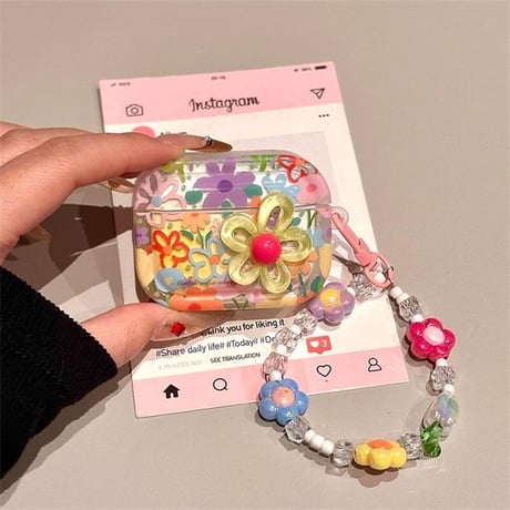 CUTECASE 綺麗花柄 Airpods4ケースカバー 花ストラップ付 AirpodsPro2ケース airpods3/2ケース 可愛い ギフトにおすすめCM5548