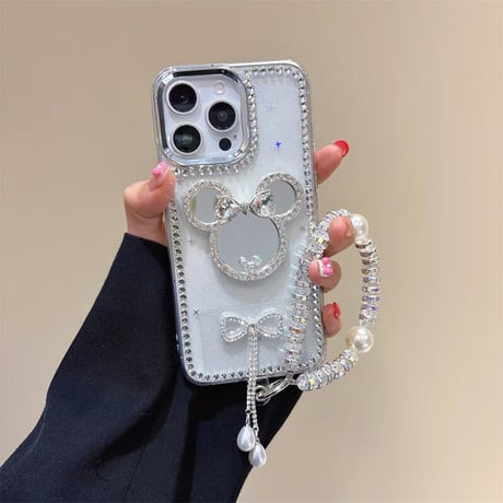 CUTECASEダイヤリボン鏡 アイフォン16/16プロケース ジュエリーデコ iPhone15pro/14/13proカバー 大人可愛い パールストラップ 高級感CM5482