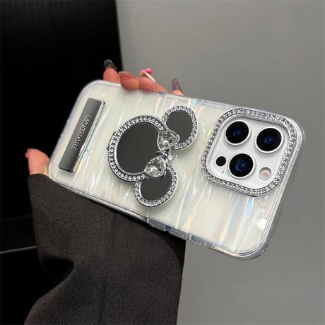 CUTECASE ダイヤ鏡スタンド iPhone17/17proケース シェル柄 iPhone16pro/15/14proカバー レンズカバー ストラップ 多機能高級感 CM5622