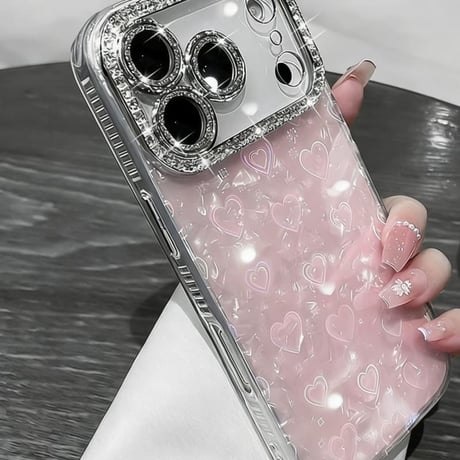 CUTECASE ジュエリーカメラカバー iPhone17Pro/17ケース シェル柄 キラキラハート入り iPhone17promax/Air/16proケース 大人可愛い 美しいCM5722