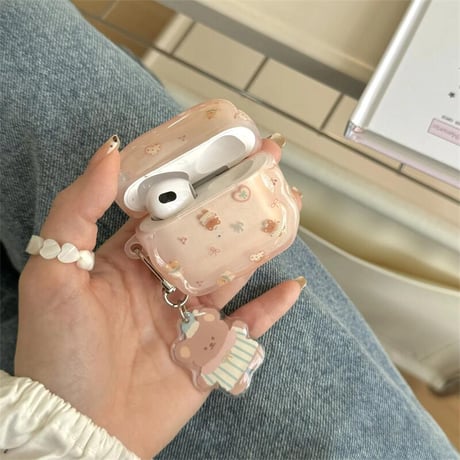 CUTECASE熊 Airpods 4ケース キーチェーン付 Airpods3/Pro2ケース airpodsproカバー めっちゃ可愛い うねうねCM5118