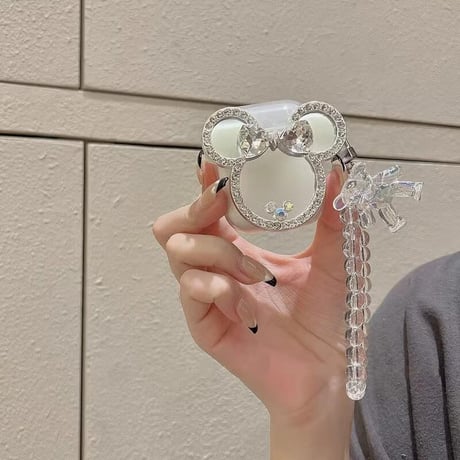 CUTECASE大人可愛い Airpods4ケース ジュエリー/ダイヤ鏡デコ Airpods3/Pro2ケース airpodspro2カバー 熊ちゃんストラップ付 女子力高いCM5202