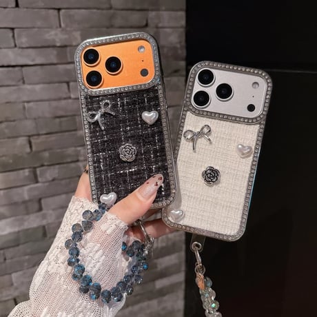 CUTECASEツイード生地 iPhone17Promaxケースジュエリーライン リボン/パール iPhone17pro/15/14カバー キラキラストラップ付 CM5830
