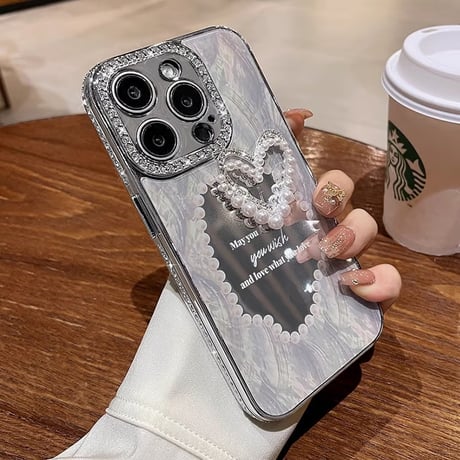 CUTECASEジュエリー 鏡付 iPhone15/15proケース 真珠ハート iphone14/13/12proカバー 高級感 丈夫 ギフトにおすすめCM3877