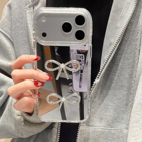 CUTECASE ジュエリーリボン iPhone17Pro/17ケース ミラー付 iPhone17ProMax/16/15Proカバー キラキラ感 かわいい CM6108