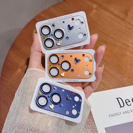 CUTECASE ダイヤとカラーハートデコ カメラ保護カバー 頑丈 iPhone17ProMax 贅沢 保護フィルム キラキラ おしゃれ きれい 耐衝撃CM6159