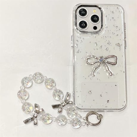 CUTECASEハートダイヤリボン アイフォン16Pro/16ケース グリッター入り iPhone15Pro/14/13proカバー リボンストラップ 上品 エレガント CM5278