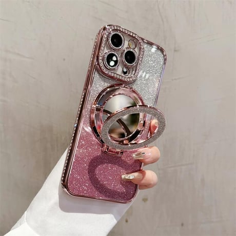 CUTECASE鏡付Magsafeリングスタンド iPhone16/15Proケース ストーン iPhone14/13Proカバー 綺麗 多機能 コスパ最強CM3769