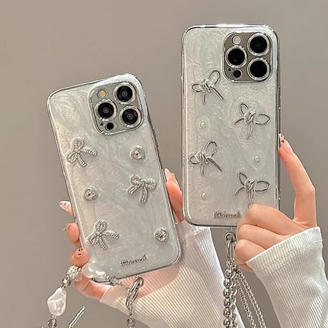 CUTECASE女子力アップ iPhone15Pro/15promaxカバー リボンデコアイフォン14プロ/13/12ケース きれいストラップ 2色 CM4367