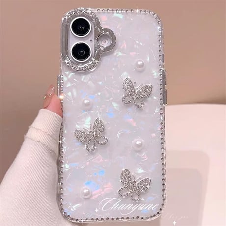 CUTECASEシェル柄 iPhone16pro/16カバー ジュエリー蝶/パールデコ iPhone15pro/14promax/13ケース 上品 大人可愛い エレガント CM5351