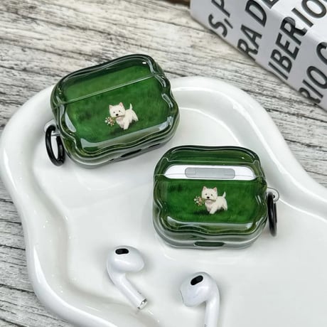 CUTECASE 遊ぶ犬ちゃん AirpodsPro3ケース グリーン Airpods4/3カバー pro2/pro1 可愛い リング/キーホルダー付 うねうね 落下防止CM5984