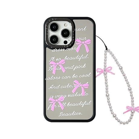 CUTECASEリボン柄 鏡iPhone15pro/15romaxカバー パールストラップ付 アイフォン14pro/13/12proケース 流行る 女子力高いCM4415