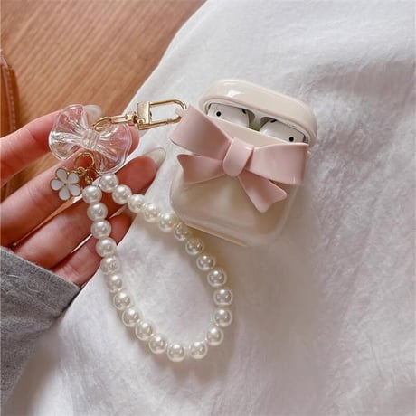 CUTECASE淡色系 Airpods 4ケース リボン ベージュ色 Airpods3/2カバー Airpodspro2/pro パールストラップ付 めっちゃ可愛いCM5033