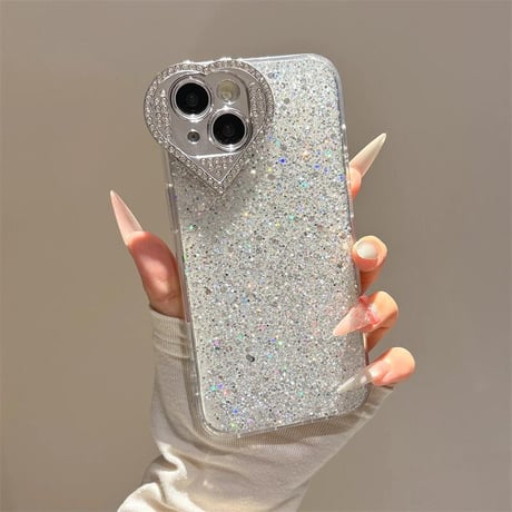 CUTECASEハート型カメラ保護 iPhone16/16Proケース ジュエリーデコ iPhone15/14pro/13カバー グリッター入り 大人可愛い CM5311