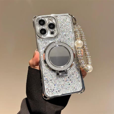 CUTECASE鏡リングスタンド付 iPhone16/16proケース ラメ入り iPhone15pro/14/13カバー バックチャーム/ショルダーストラップ付 CM5394
